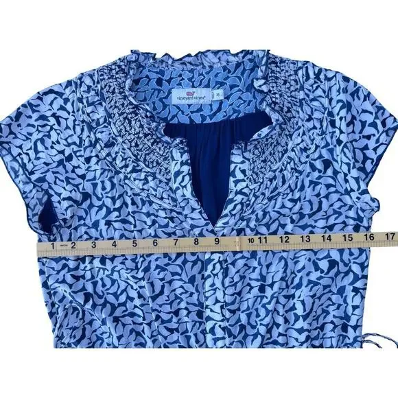 Vineyard Vines Silk Blend Flowy Short Sleeve Dress Blue Leaf Print - Size XS - Picture 5 of 10